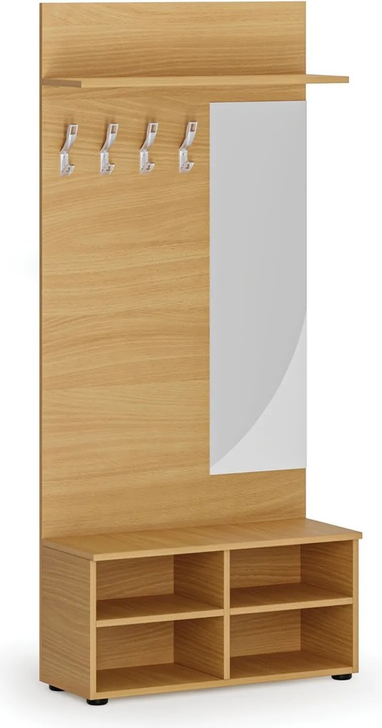 Garderoba z szafką na buty i lustrem HORIZONT, 4 haczyki, półka, tekstura drewna poziomo, buk
