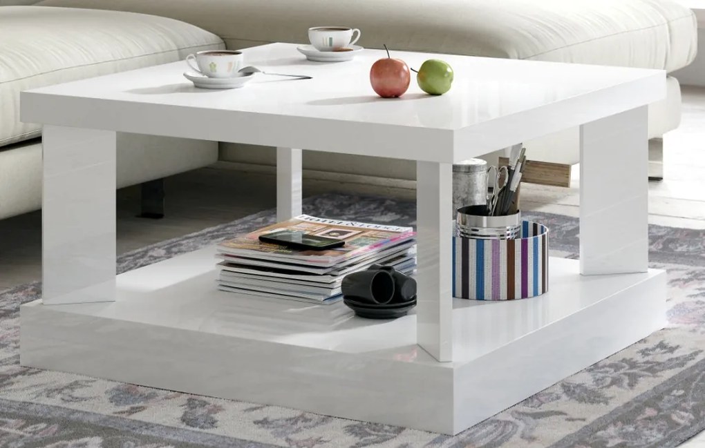 Kwadratowy stolik do salonu w połysku Domino 80x80 biały