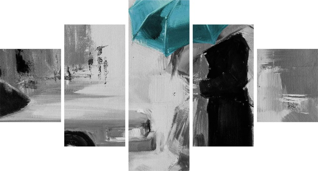 Obraz - Zakochana para z parasolem, niebieski (125x70 cm)