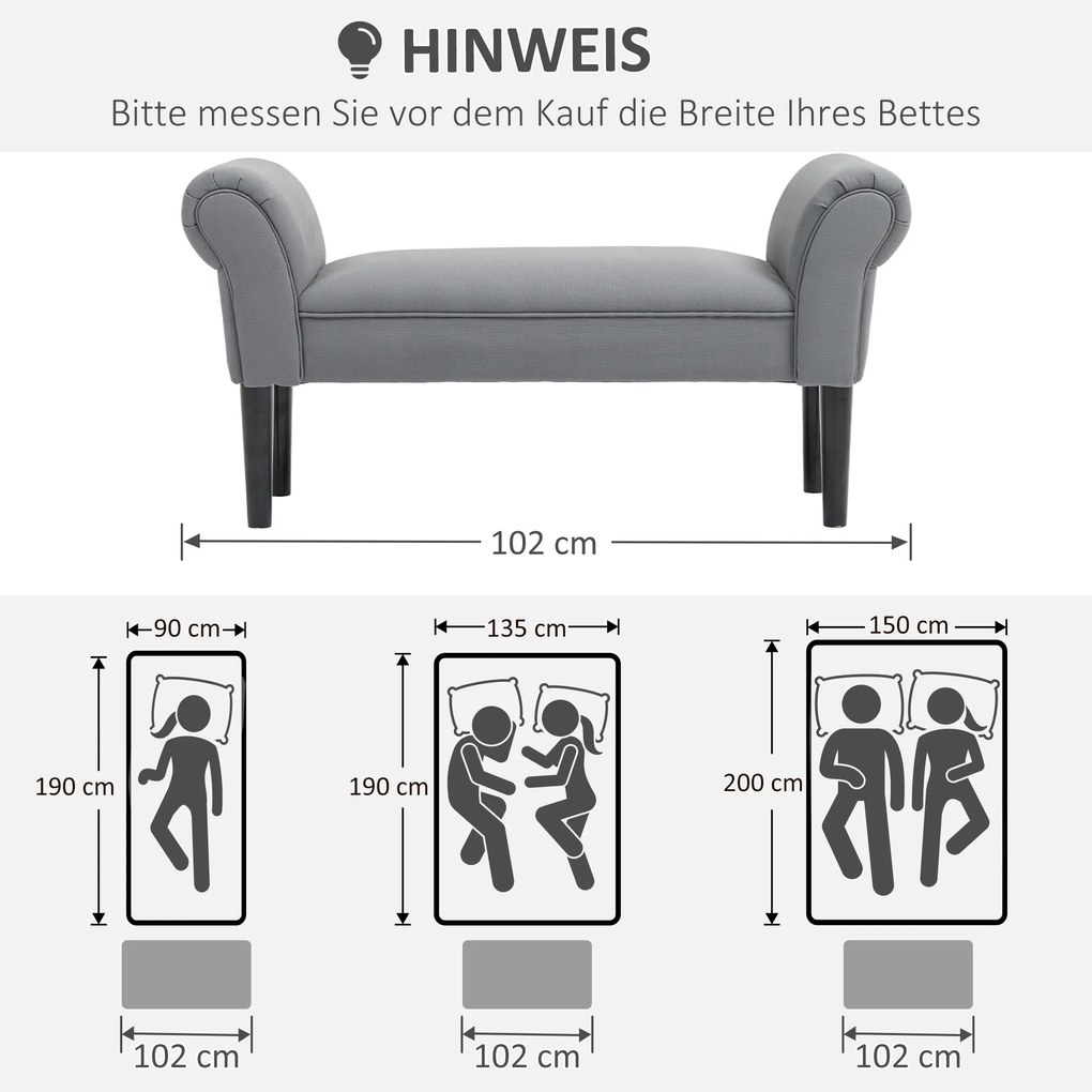 HOMCOM Ławka, Ławka do sypialni, Solidna konstrukcja, Miękkie wyściełanie, 102x36x51 cm, Szara