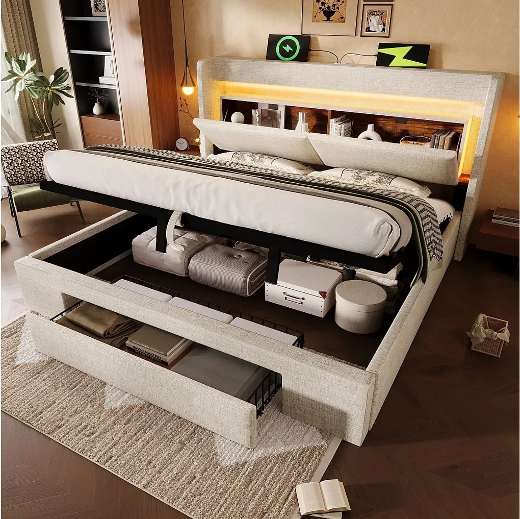 Łóżko tapicerowane hydrauliczne ze schowkiem - 140 x 200 cm - ze schowkiem na pościel w zagłówku + diody LED + USB + szuflada - len - beż