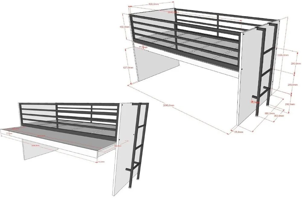 Białe podwyższone łóżko dziecięce ze stelażem 90x200 cm Sam – Vipack