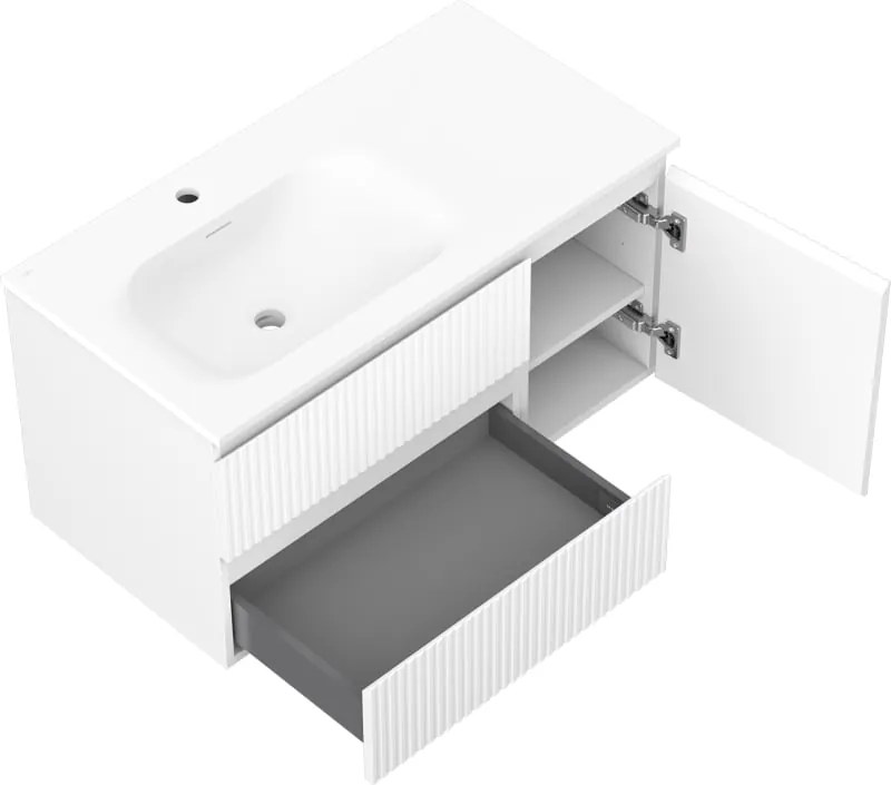 Mexen Rivel szafka łazienkowa 90 cm z umywalką Vela lewą, 2S, 1D, ryflowana, biała mat - 91A23-09047-3-BBFFF01-W23L01