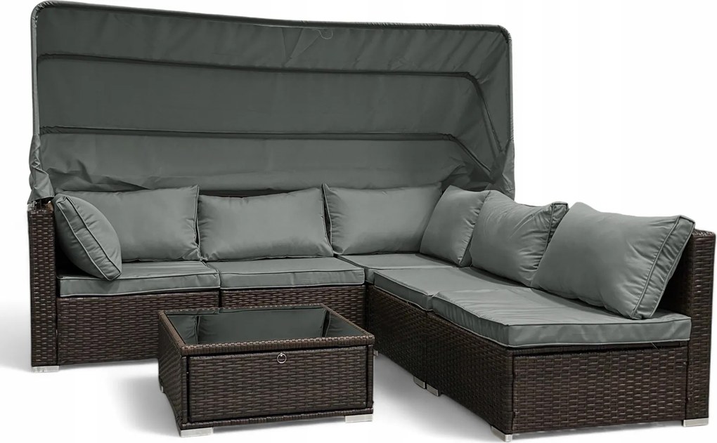Wielofunkcyjny zestaw mebli ogrodowych - narożnik, leżanka z daszkiem Galicja 101 brąz, poduszki szare
