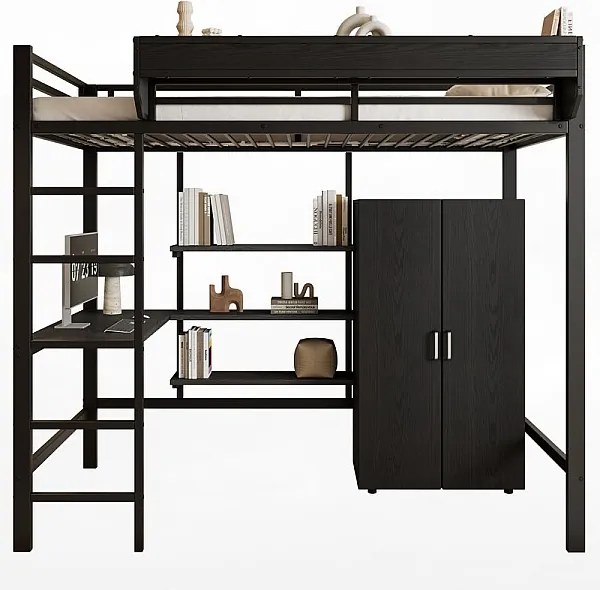 Łóżko mezzanine 90x200 cm - z biurkiem - z szafą - z wieloma schowkami - z drabiną 5 stopni - metal + płyty wiórowe - czarne (bez materaca)