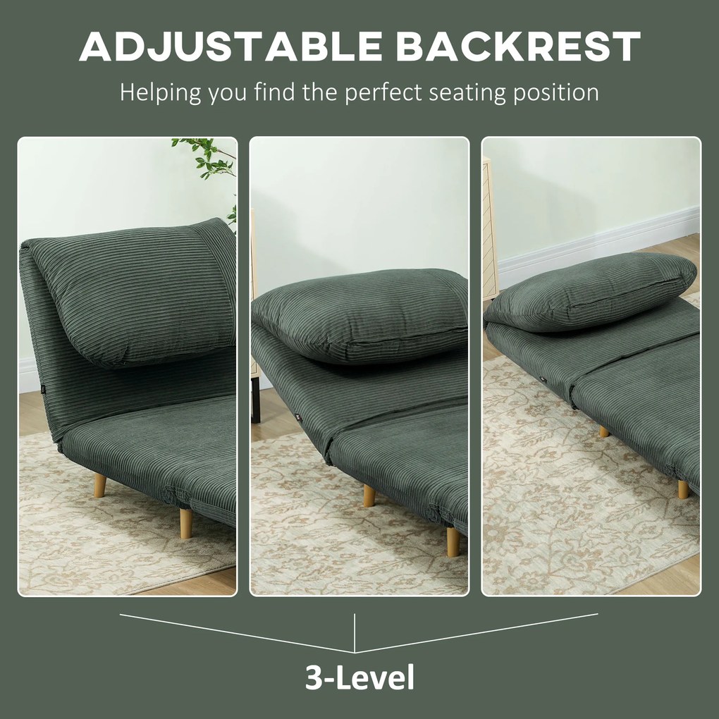 HOMCOM Fotel do Spania 2 w 1 z Regulowanym Oparciem i Poduszką, Welur Kordowy 82 cm x 89 cm x 83 cm Zielony