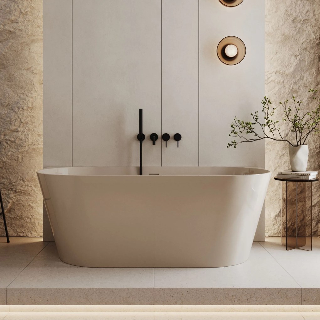 Wanna wolnostojąca przyścienna WALL Grey Matt / Glow  z konglomeratu szara matowa/błyszcząca 160 x 75 cm przelew typu SLIM : Kolor wanny - Beż połysk