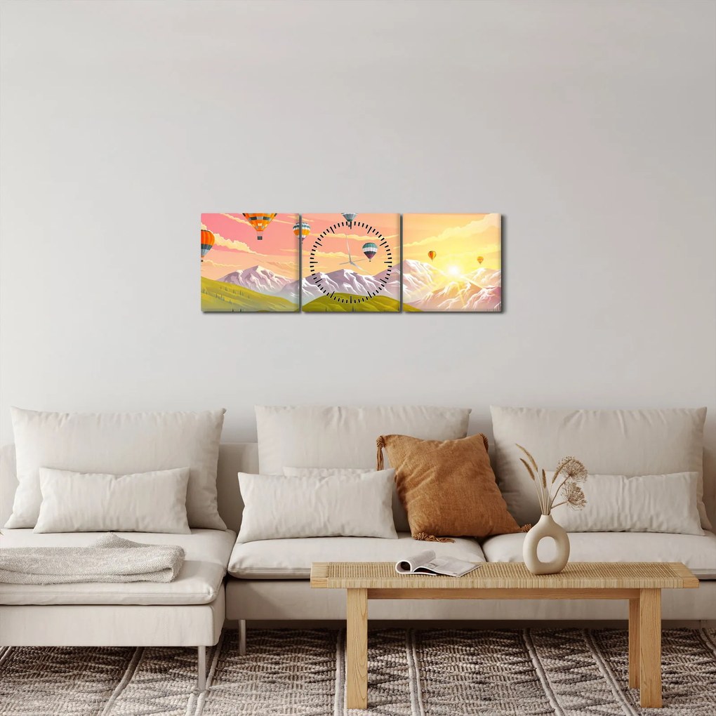 Obraz balonów nad krajobrazem (z zegarem) (90x30 cm)