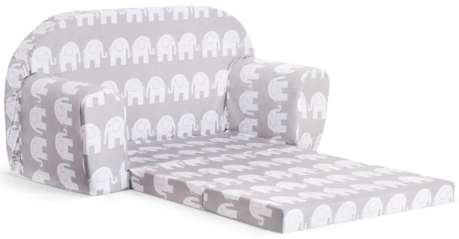 Mini sofka dla dzieci, piankowa 77x35cm rozkładana - szare słonie