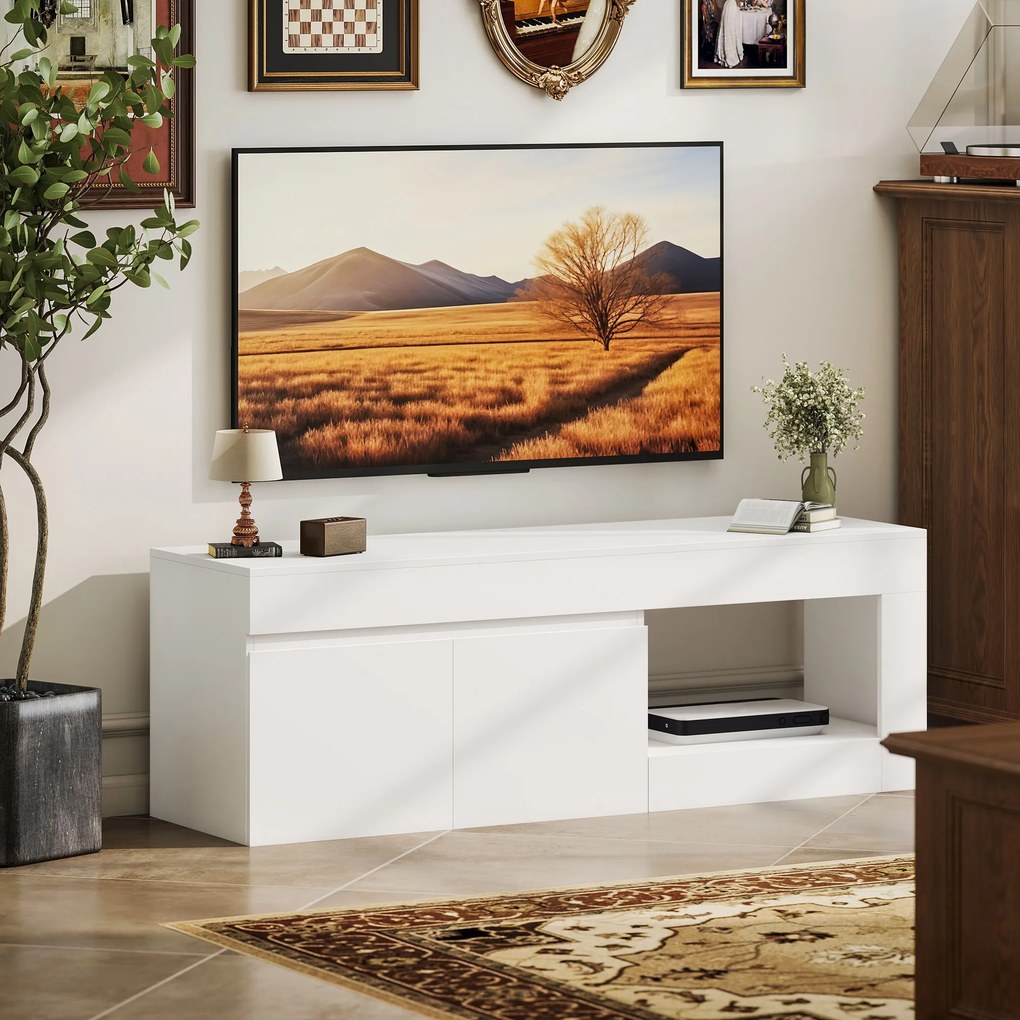 HOMCOM Nowoczesny lowboard TV do salonu z 2 drzwiami, otwartą półką i uchwytami, dla telewizorów do 152,4 cm, 140 x 40 x 48 cm, biały | Aosom PL