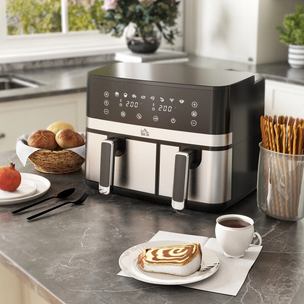 Frytkownica HOMCOM, 2700W, 8 funkcji, 41,8 cm x 39,2 cm x 31,1 cm, Czarna i Srebrna