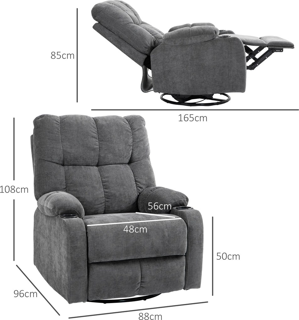 HOMCOM Fotel Relaksacyjny z Podnóżkiem, Fotel Leżący, Obrotowy, do 150 kg, Konstrukcja Stalowa, 88x96x108cm, Ciemnoszary | Aosom PL