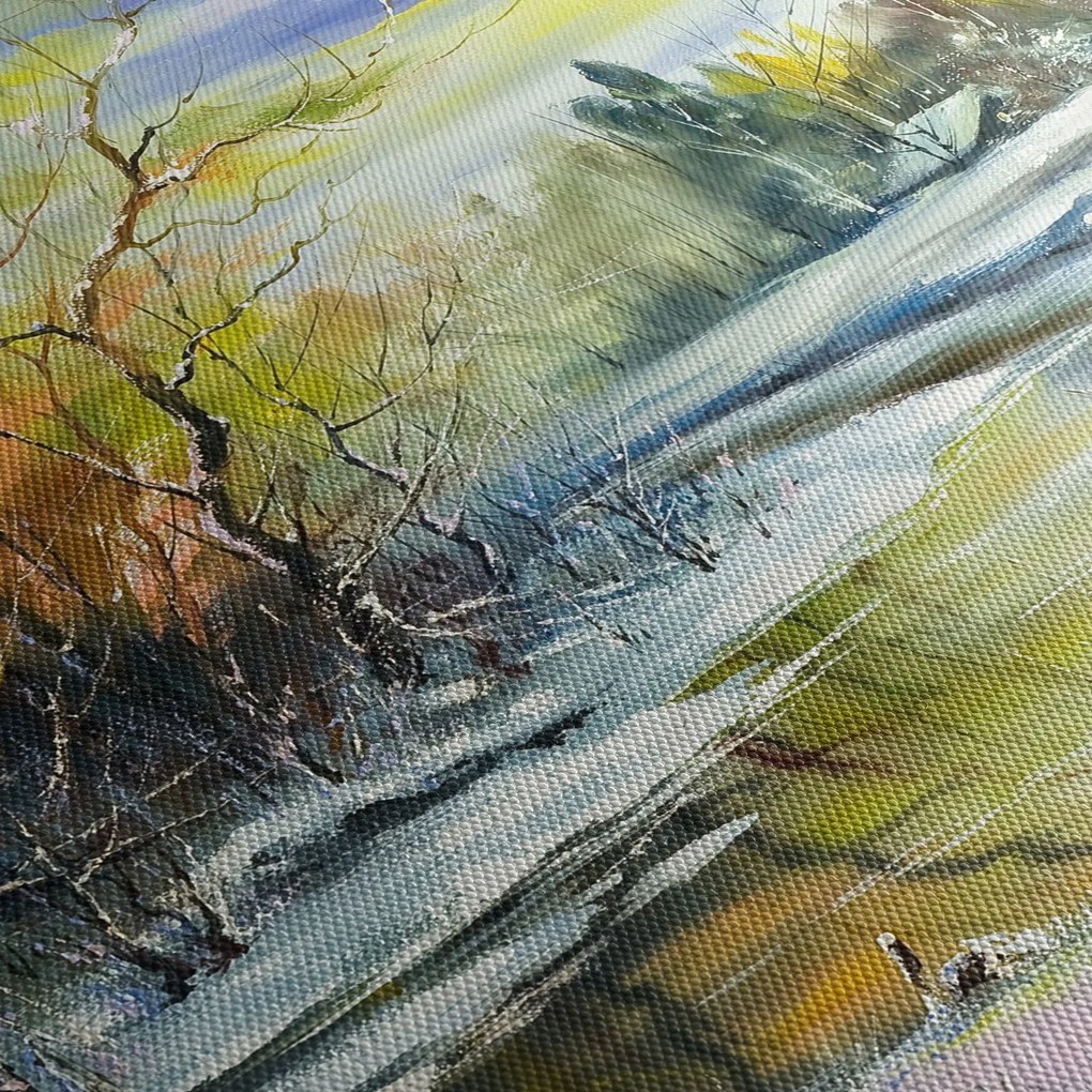 Obraz zimowej rzeki, obraz olejny (170x50 cm)