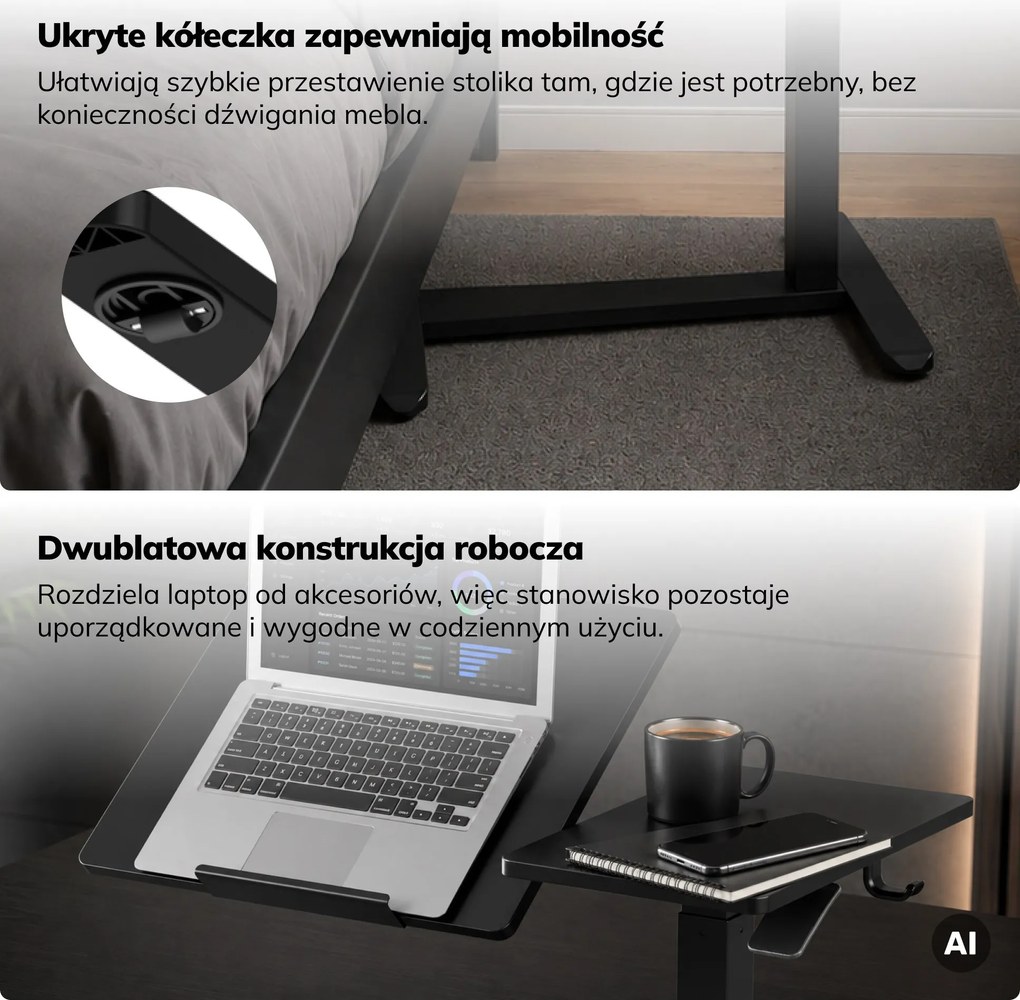 Stolik pod laptopa regulowany, mobilny, wielofunkcyjny, czarny: BILL