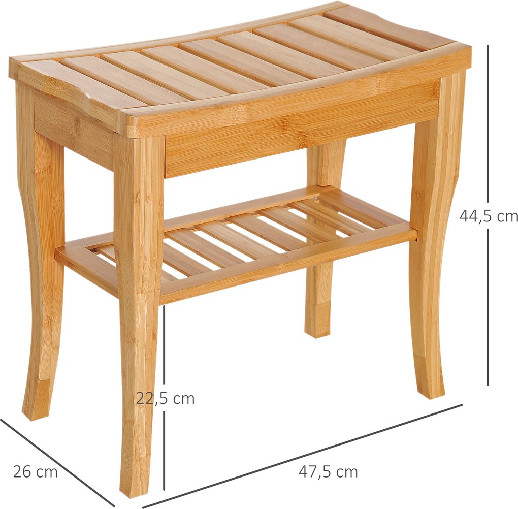 HOMCOM Ławka prysznicowa bambusowa z półką siedzisko krzesło do łazienki naturalne 47,5 x 26 x 44,5 cm | Aosom PL