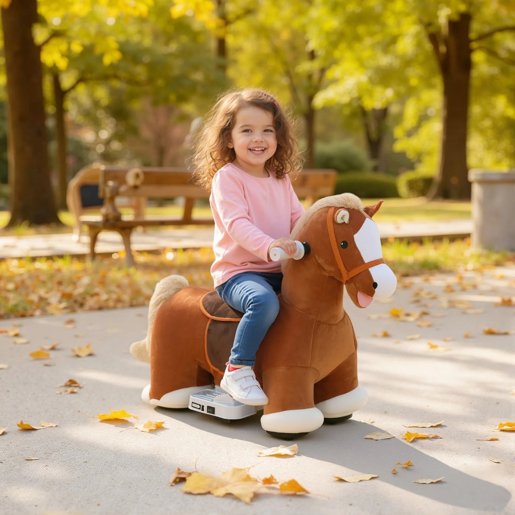 AIYAPLAY Jeździk w kształcie konia dla dzieci, miękkie obicie, zasilanie bateryjne, muzyka, kółka, 1,5-5 lat, Brązowy