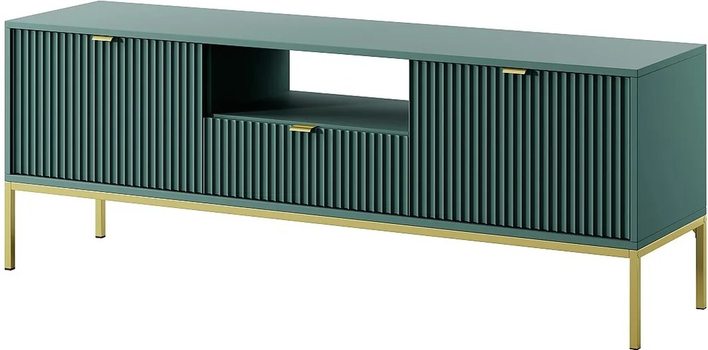 Stolik RTV Geriffelt NOVA, złote uchwyty, 2 drzwi, szuflada, półka, 154x56x39cm, czarna fasada, rama złota labrador