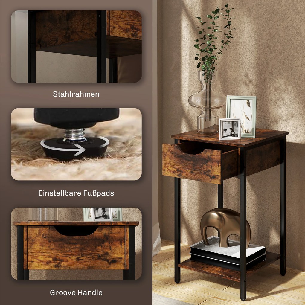 HOMCOM Stolik w stylu industrialnym z szufladą, półką, metalową ramą, drewnem, 40 x 40 x 68 cm, Brązowy