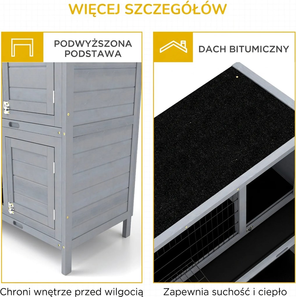 PawHut Klatka dla królików z drewna z 2 poziomami, dach z papy, tacki na dno, drzwi dla małych zwierząt, 136,4 x 50 x 93 cm, szara | Aosom PL