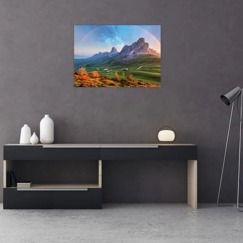 Obraz na szkle tęczy nad skałami (70x50 cm)