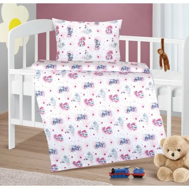 Bellatex Bawełniana pościel do łóżeczka AgataUnicorn różowa, 90 x 135 cm, 45 x 60 cm