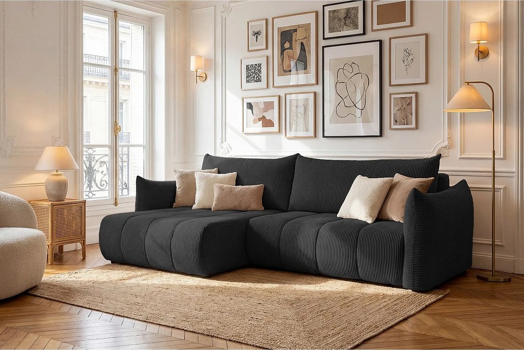 Narożnik Flo, z funkcją spania, do salonu, tkanina Poso, czarny (135)