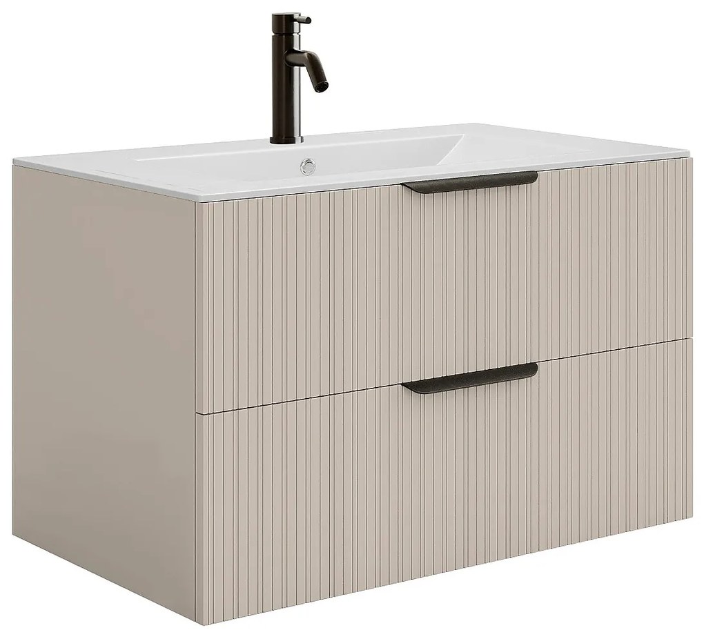 Podwieszana, prążkowana szafka łazienkowa z umywalką wpuszczaną i baterią – kolor beżowy – 80 cm – DALIKO.