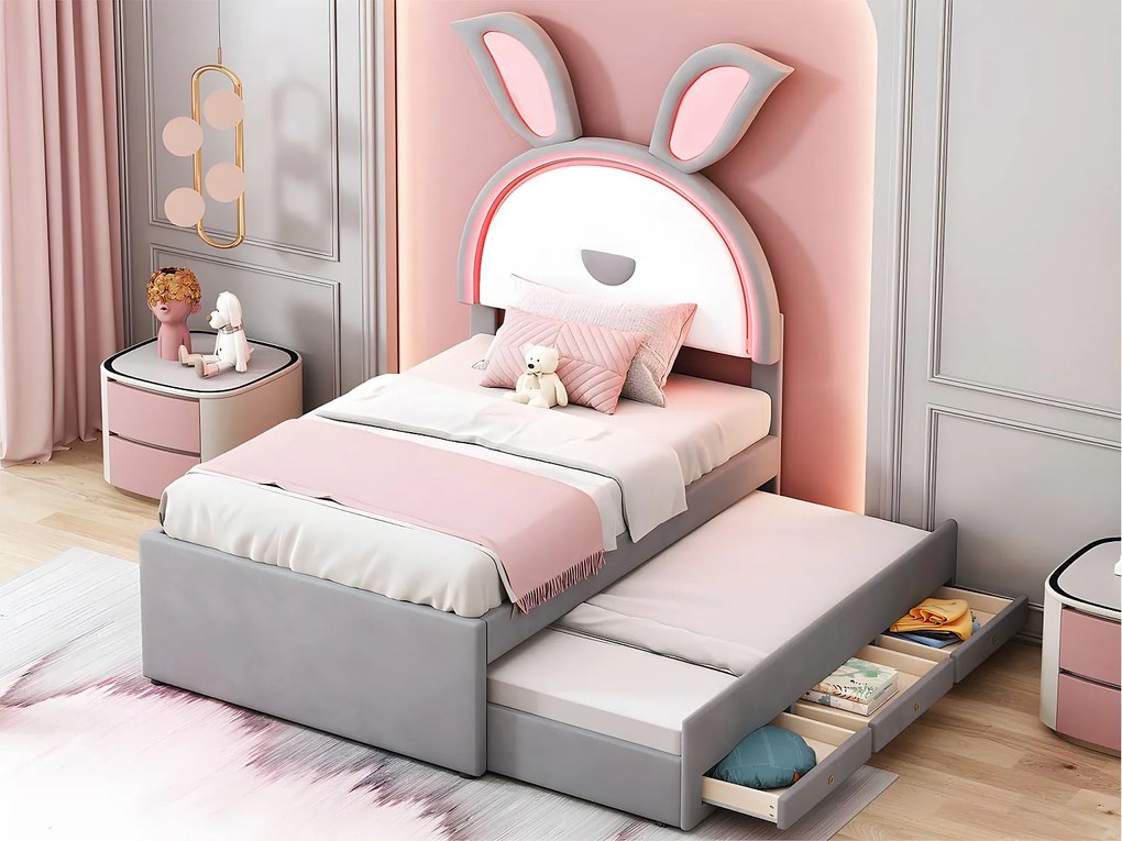 Łóżko dziecięce 90x200cm z weluru - łóżko z wysuwanym drugim łóżkiem i 3 szufladami oraz kolorowymi światłami LED - Szare