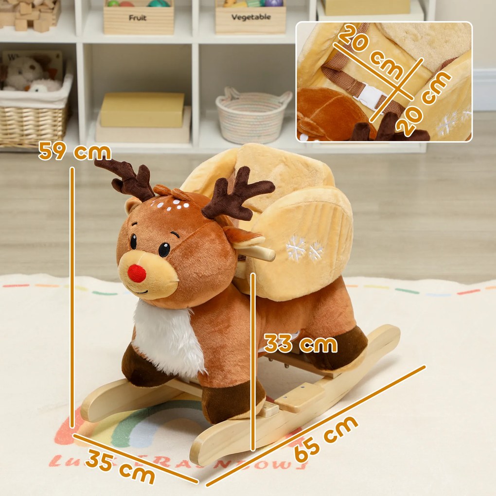 AIYAPLAY Konik na biegunach dla dzieci, pluszowy renifer z kołysankami, dla 18-36 miesięcy, 65 x 35 x 59 cm, brązowy