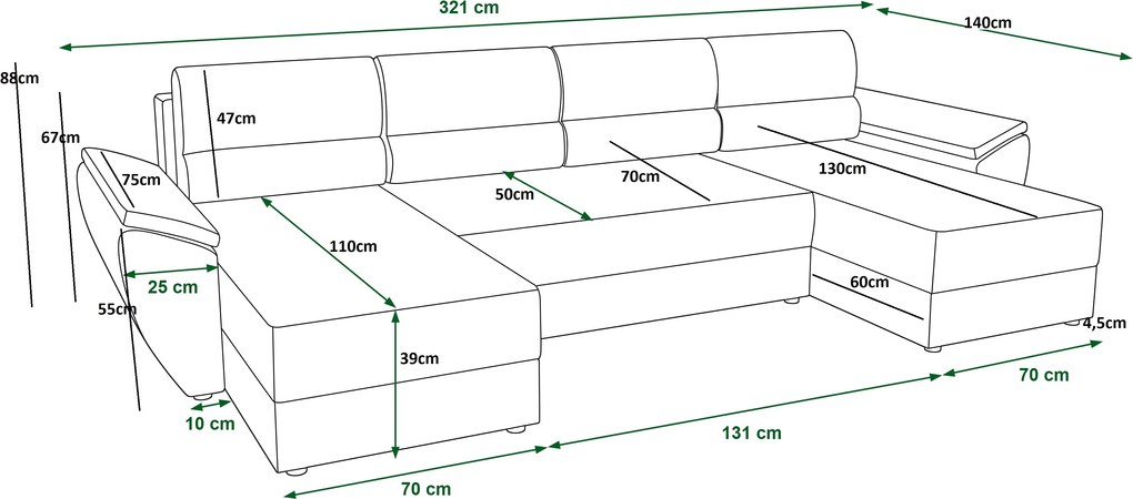 Rozkładana sofa narożna w kształcie U TAVERO 321x140 cm, jasnobeżowa