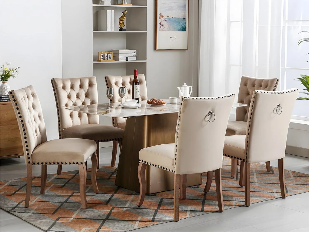 Zestaw 6 foteli tapicerowanych welurem - stelaż z litego drewna - Beżowy