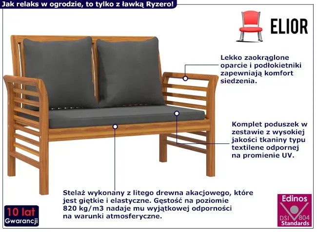 Drewniana ławka z szarymi poduszkami - Veco