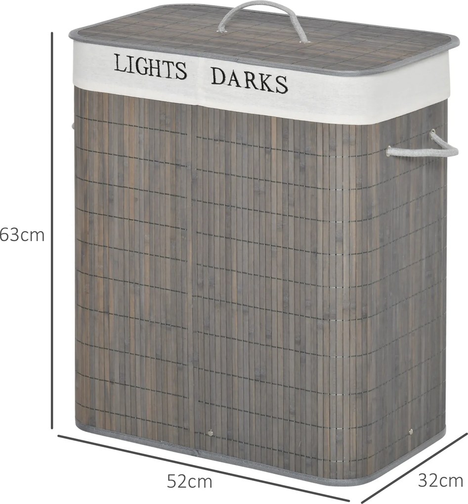 HOMCOM 100L Kosz na pranie z 3 uchwytami, z pralnym workiem na pranie, Bambus, Poliester, Bawełna, Metal, 52 x 32 x 63 cm, Szary