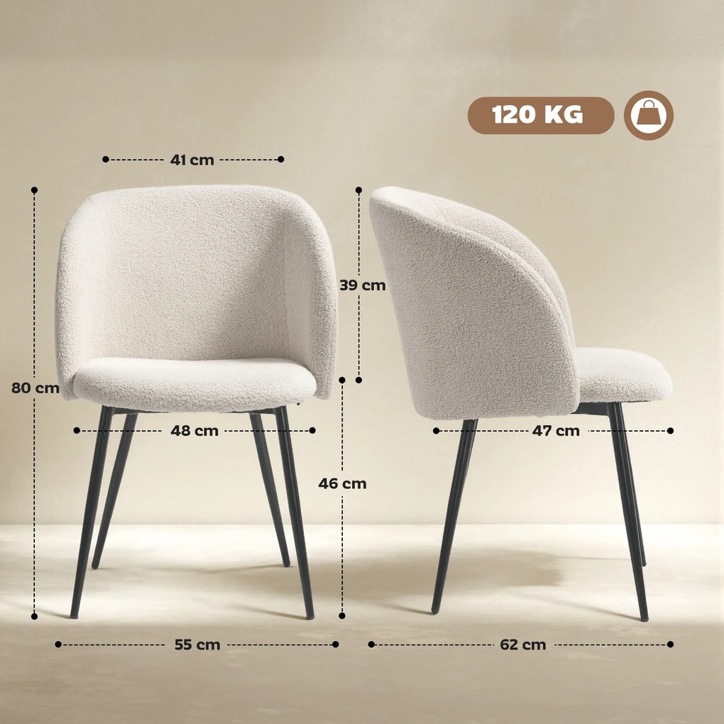 HOMCOM Zestaw 2 krzeseł jadalnych, krzesła tapicerowane z materiału, krzesła kuchenne ze stalowymi nogami, z ergonomicznym oparciem, kremowe