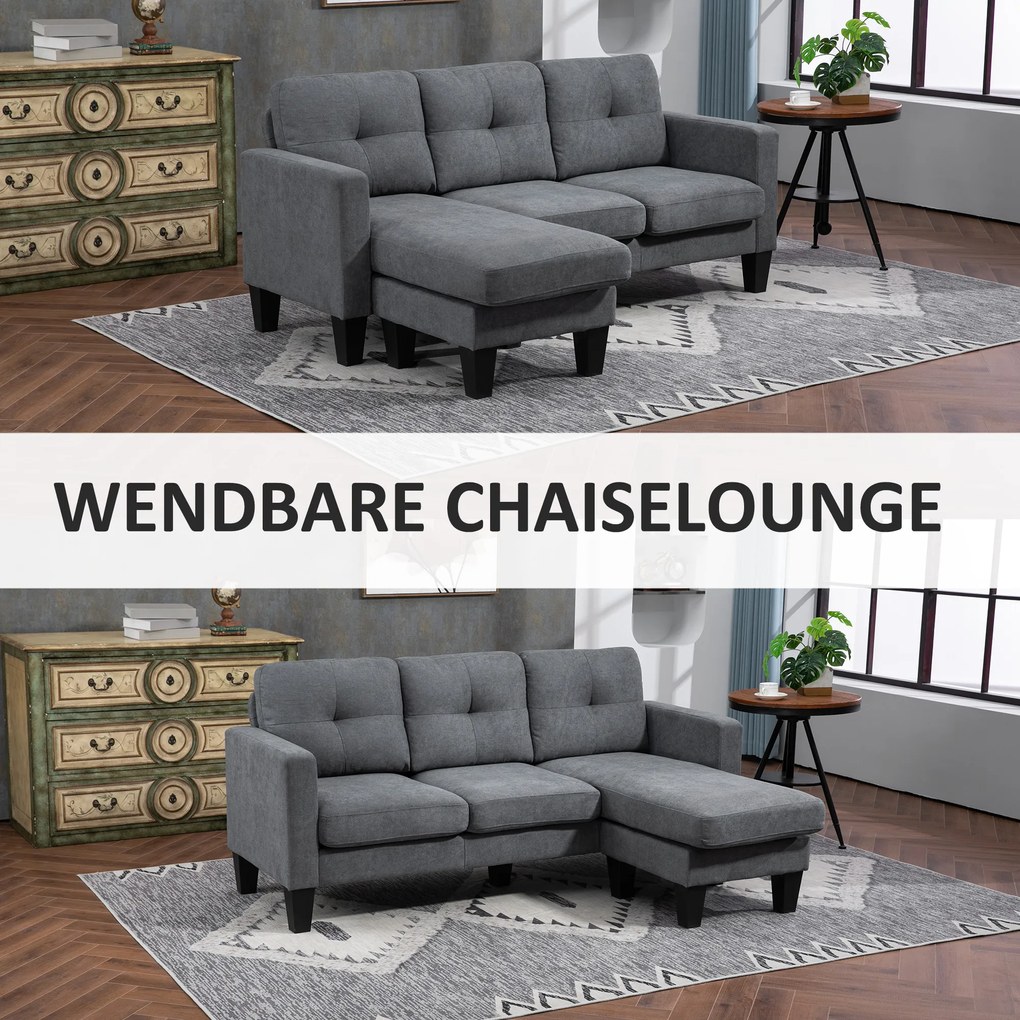 HOMCOM Sofa narożna L z obustronnym szezlongiem, Sofa polstrowana, Ciemnoszara
