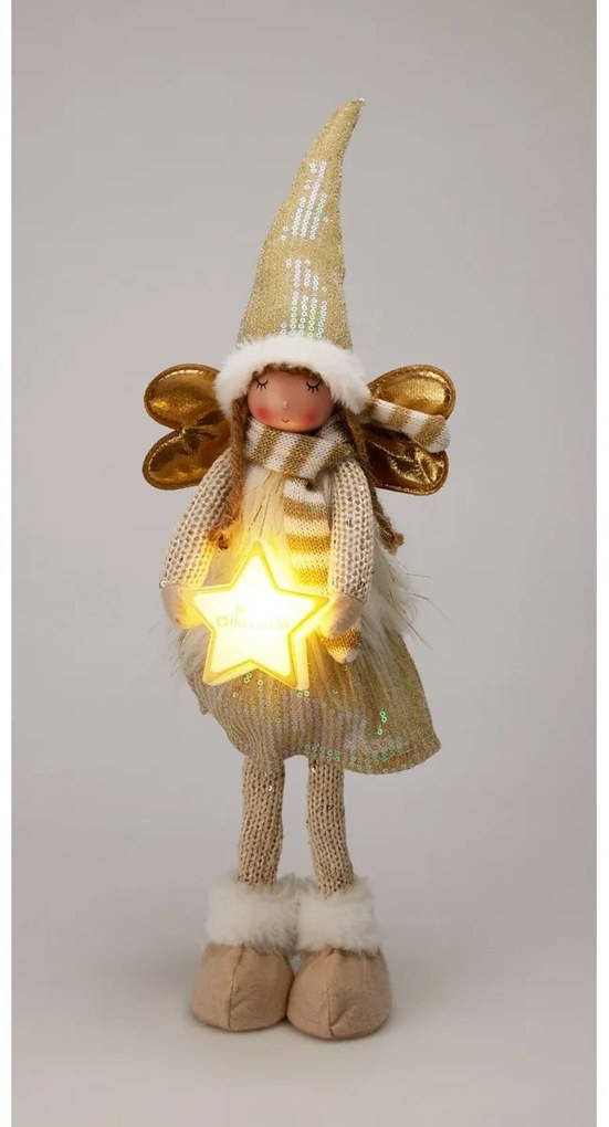 Świąteczny aniołek stojący ze świecącą gwiazdą, 55 cm, ciepła biała