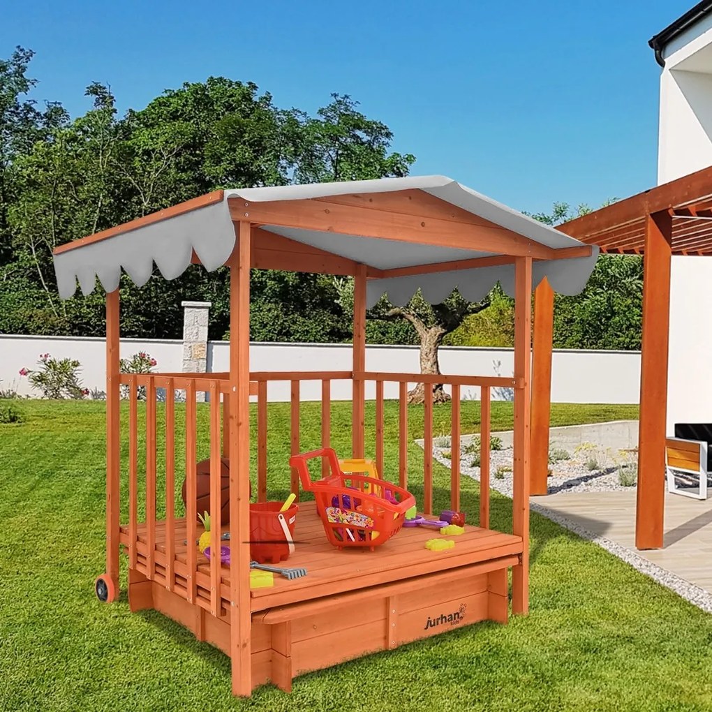 Piaskownica z werandą HAPPY, lita sosna 130 x 130 x 143 cm, brązowo szary Jurhan