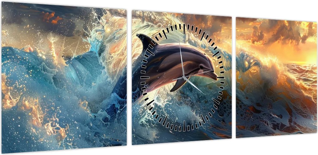 Obraz - Delfin, ilustracje (z zegarem) (90x30 cm)