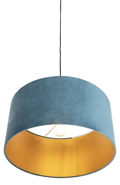 Lampa wisząca z abażurem z weluru niebieskim ze złotem 50 cm - CombiWiejski/ Rustykalny / Vintage Oswietlenie wewnetrzne