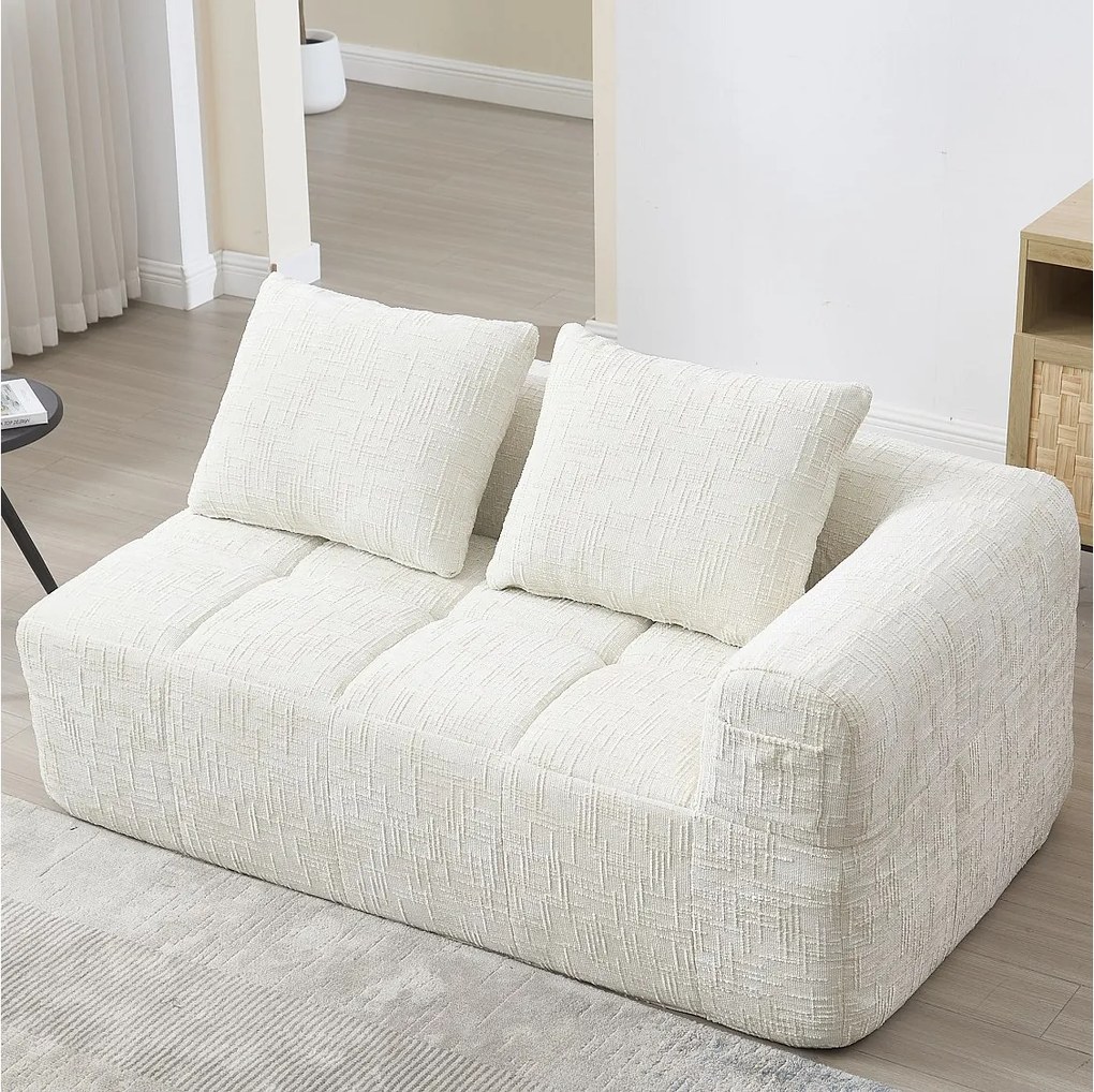 Beżowa sofa 2-osobowa - Prosta sofa z poduszkami i kieszeniami - szenil - wzór śniegu