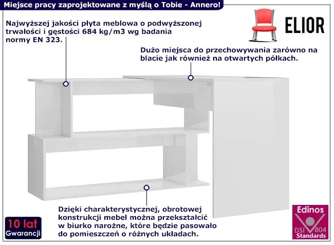 Narożne Biurko Biały Komputerowe Połysk N3-E81