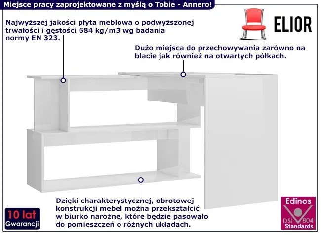 Narożne Biurko Biały Komputerowe Połysk Pura 3S