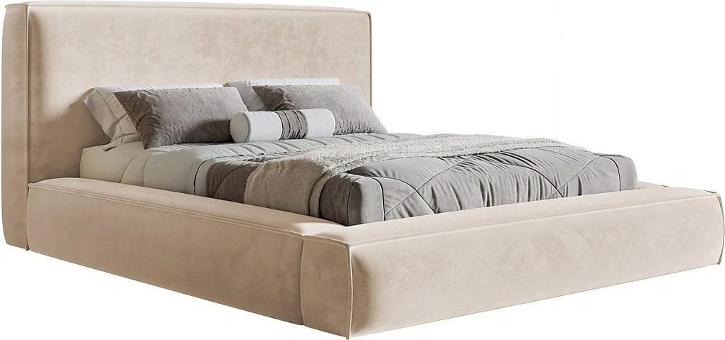 Łóżko tapicerowane 160x200 Karano z lamówką - pojemnik i stelaż drewniany - welur, beżowy (Amor Velvet 4304)