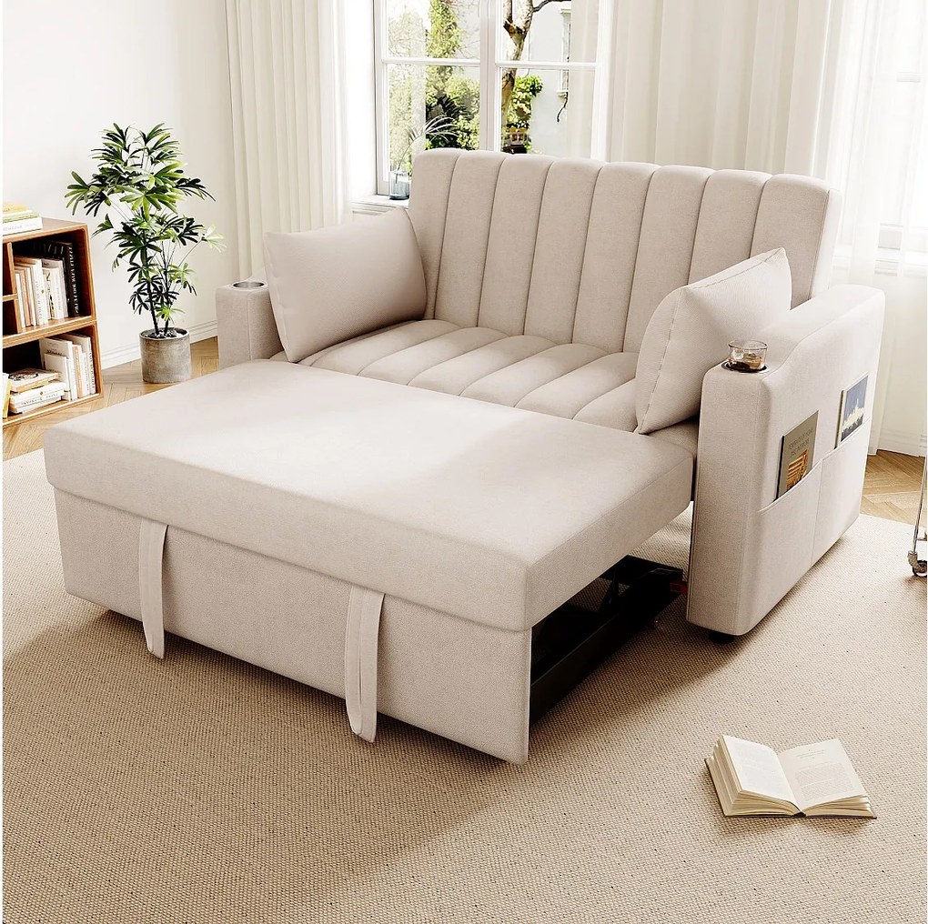 Sofa rozkładana - 100 x 160 cm - podwójna z regulowanym oparciem + z drzwiczkami + kubek i poduszki - beżowa