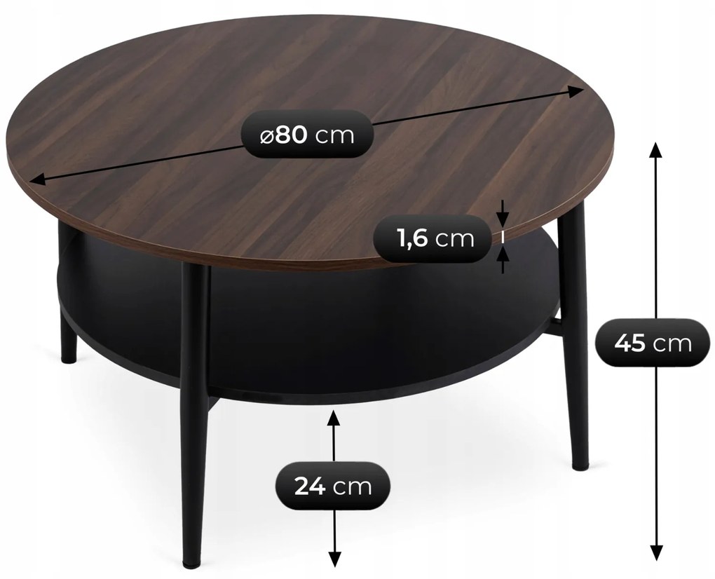 Stolik Kawowy Okrągły PAULO MAX 80 cm Orzech/Czarny Nowoczesny Loft