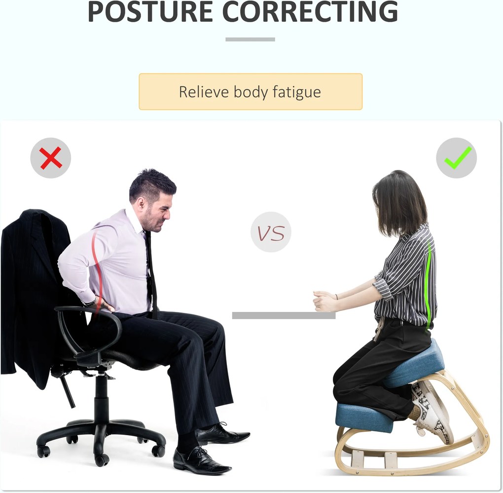 Vinsetto Krzesło klęcznik, ergonomiczny taboret do siedzenia, tapicerowany stołek dla zdrowej postawy, drewno brzozowe, wytrzymałość do 120 kg, niebieski | Aosom PL