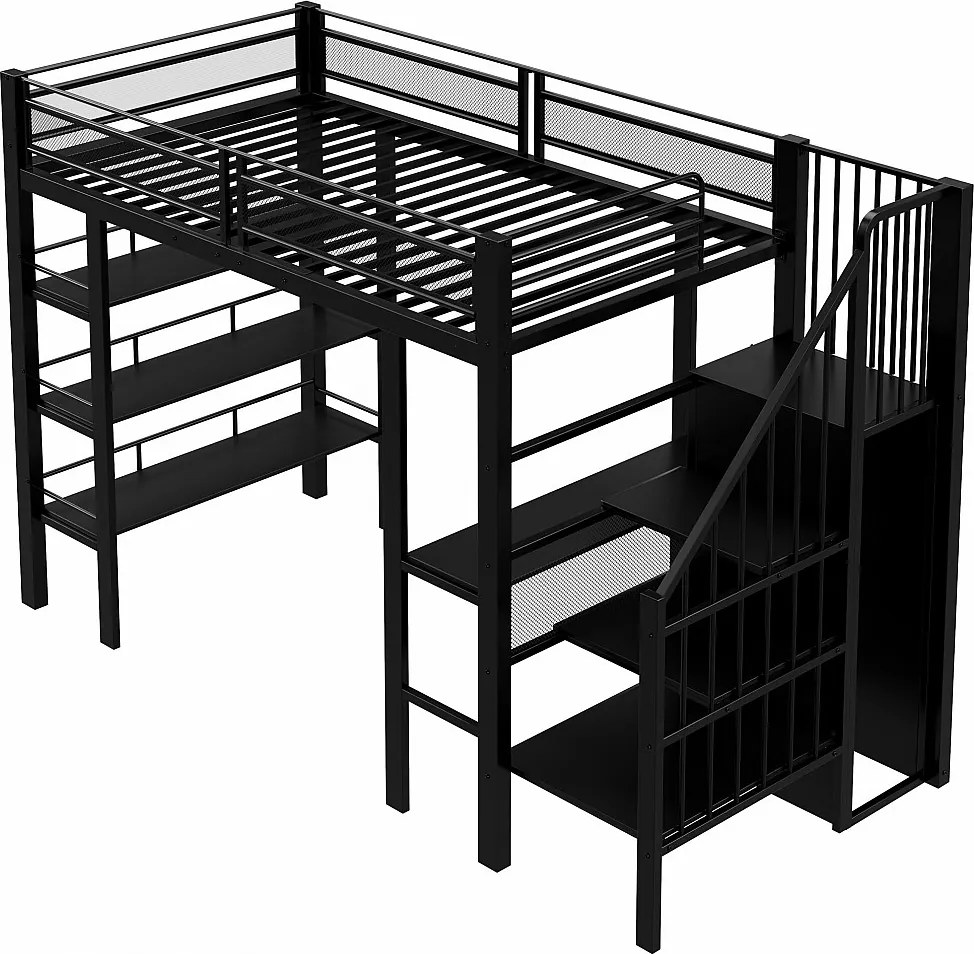 Łóżko piętrowe metalowe dla dzieci - 90 x 200 cm - z diodami LED + gniazdko elektryczne + półka + biurko - metalowe - czarne