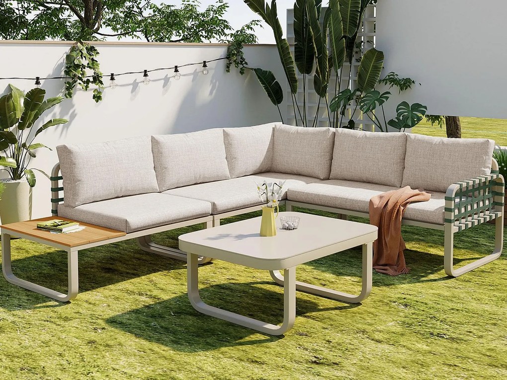 Zestaw mebli ogrodowych dla 5 osób, meble ogrodowe z rattanu i skóry - 2 sofy - 1 fotel i 1 stolik kawowy, z poduszkami, beżowy