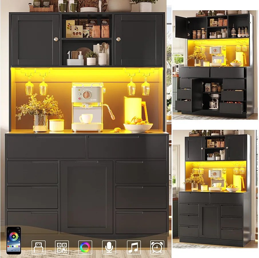 Wysoka komoda kuchenna - 120 x 40 x 183,5 cm - z diodami LED + USB + drzwi magnetyczne + 8 szuflad - MDF - czarna