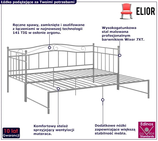 Szare metalowe łóżko rozkładane 90x200 cm A8-D07